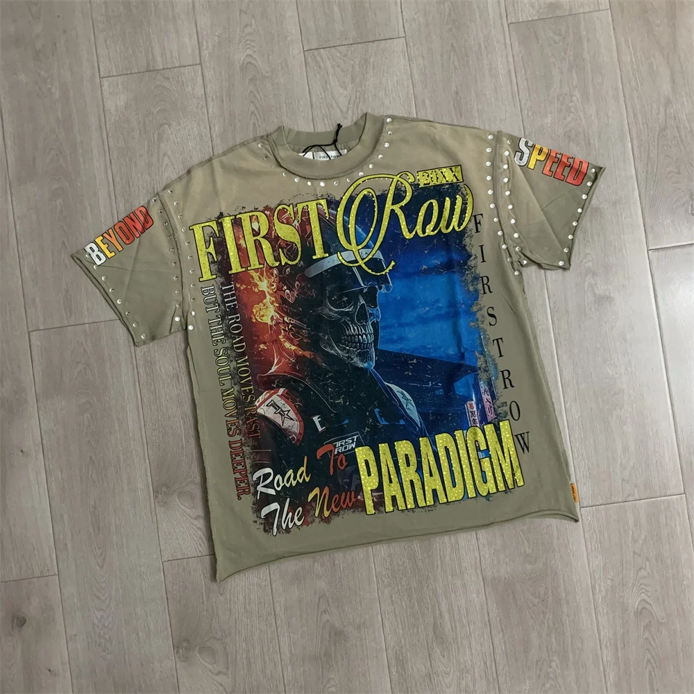 New FIRST ROW Shinning Bling Diamond Logo Print T-Shirts Men Women Fashion Street Retro Wash Letters Rhinestone Loose Casual Tee