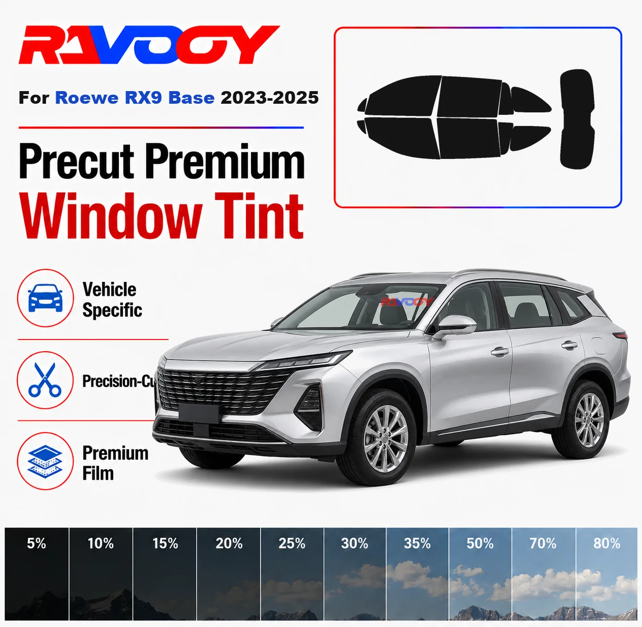 

Premium Precut Window Tint Kit Front Rear Windows Rear Windshield For Roewe RX9 Base 2023-2025 Complete Set Nano Ceramic Film