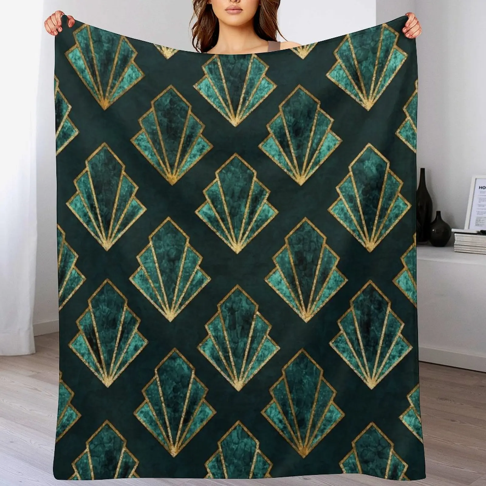 

Art Deco Pattern In Emerald Green and Gold Throw Blanket Color Fast Cozy Throw Blanket