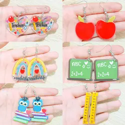 Double Sides Acrylic Teacher Blackboard Apple Rainbow Earrings for Women Owl Book Heart Ruler Ear Rings Teachers' Day Gift