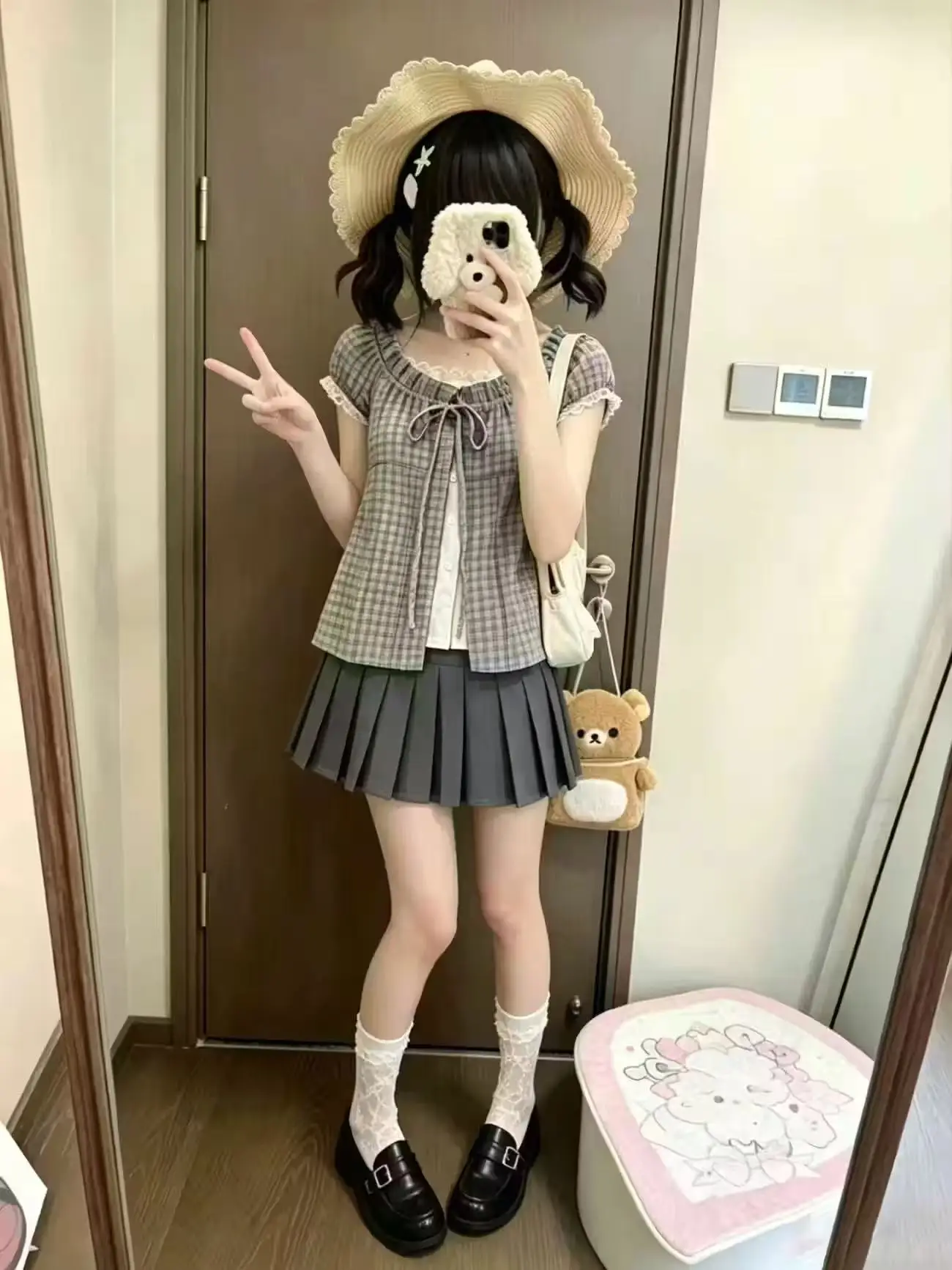 Japanese Vintage Plaid 2 Piece Set Women Ruffle Sleeve Bow Lace Trim Top High Waist Pleated Mini Skirt Casual Daily Outfit 2026