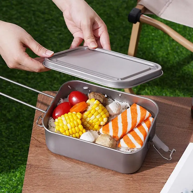 outdoor Titanium Lunch Box Metal Lunchbox Foldable Handle Box With Airtight Lid Seal Cooking Food Box Metal Leak-Resistant