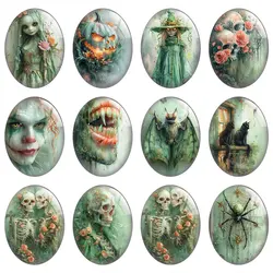 10pcs/lot Halloween Green Horror Gothic Death SKull Flower Oval Photo Glass Cabochon Flatback Demo Cameo For Diy Jewelry Making