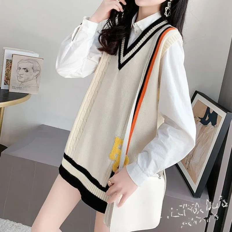 Lady Sweaters V-Neck Black Color Matching Waistcoat Long Pullover Knit Vests for Women on Offer Korean Style Clothing Casual Y2k