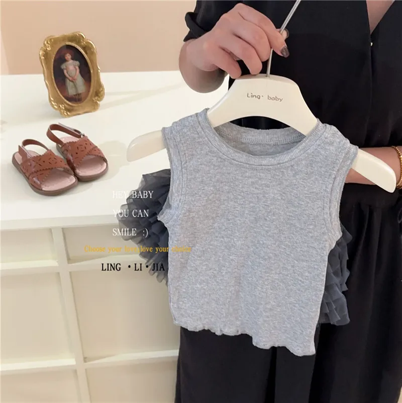 Summer Toddler Girls Premium Mesh Layered Cake Skirt Sleeveless Vest Shorts Stylish Casual Two Piece Clothing Set