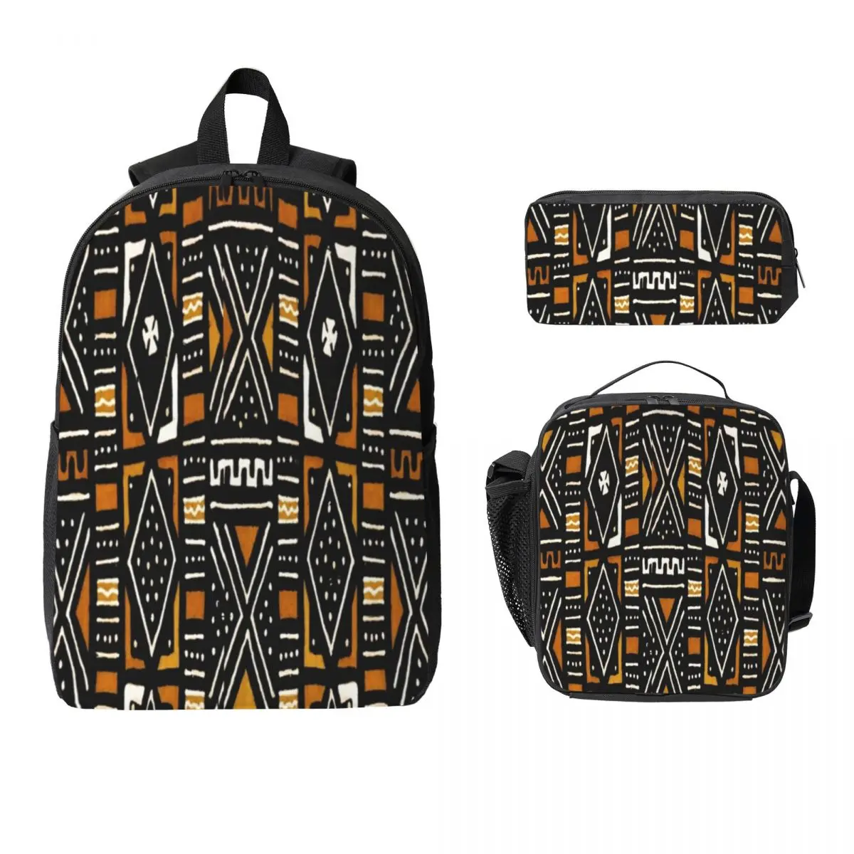 

African Bogolan Mudcloth Backpack Student Boys Girls BookBag School Bag Laptop Shoulder Bags 3ps Insulated Lunch Bag Pencil Case