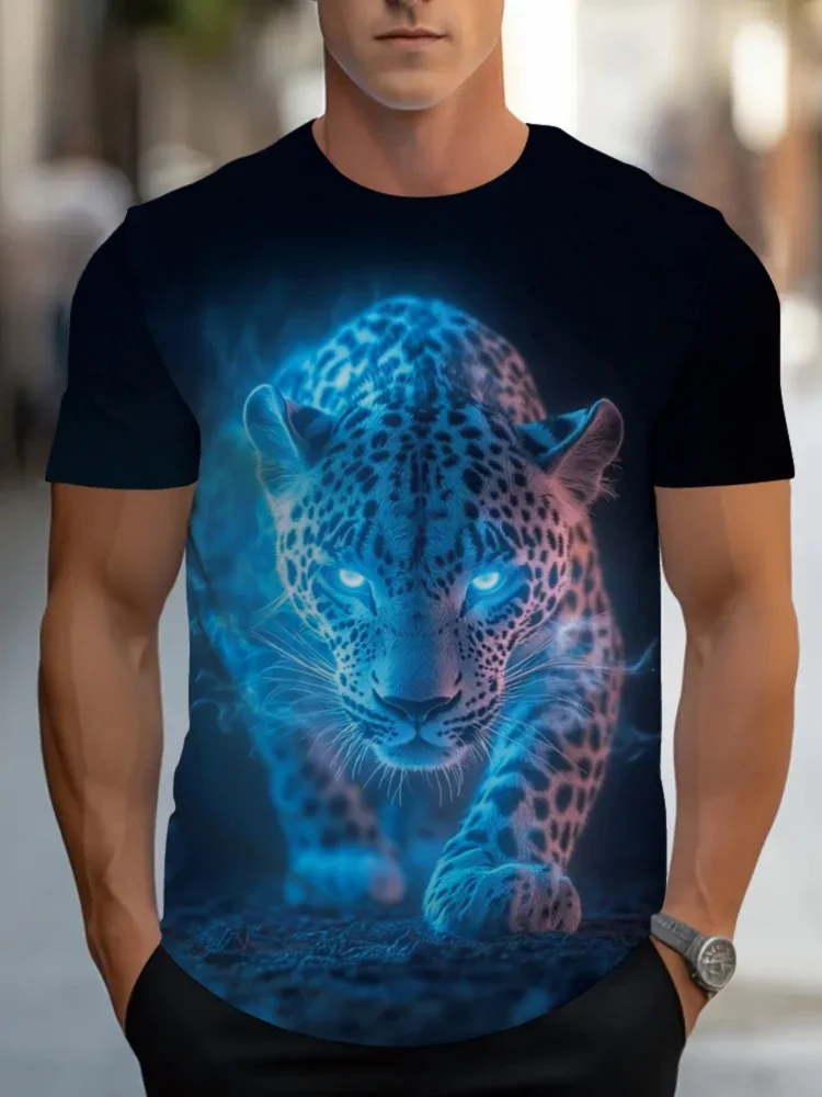 Modisches Herren 3D Neon Leuchtendes Leoparden-Print T-Shirt Wildes Tier Grafik-T-Shirt für Männer Sommer Streetwear Alltagskleidung