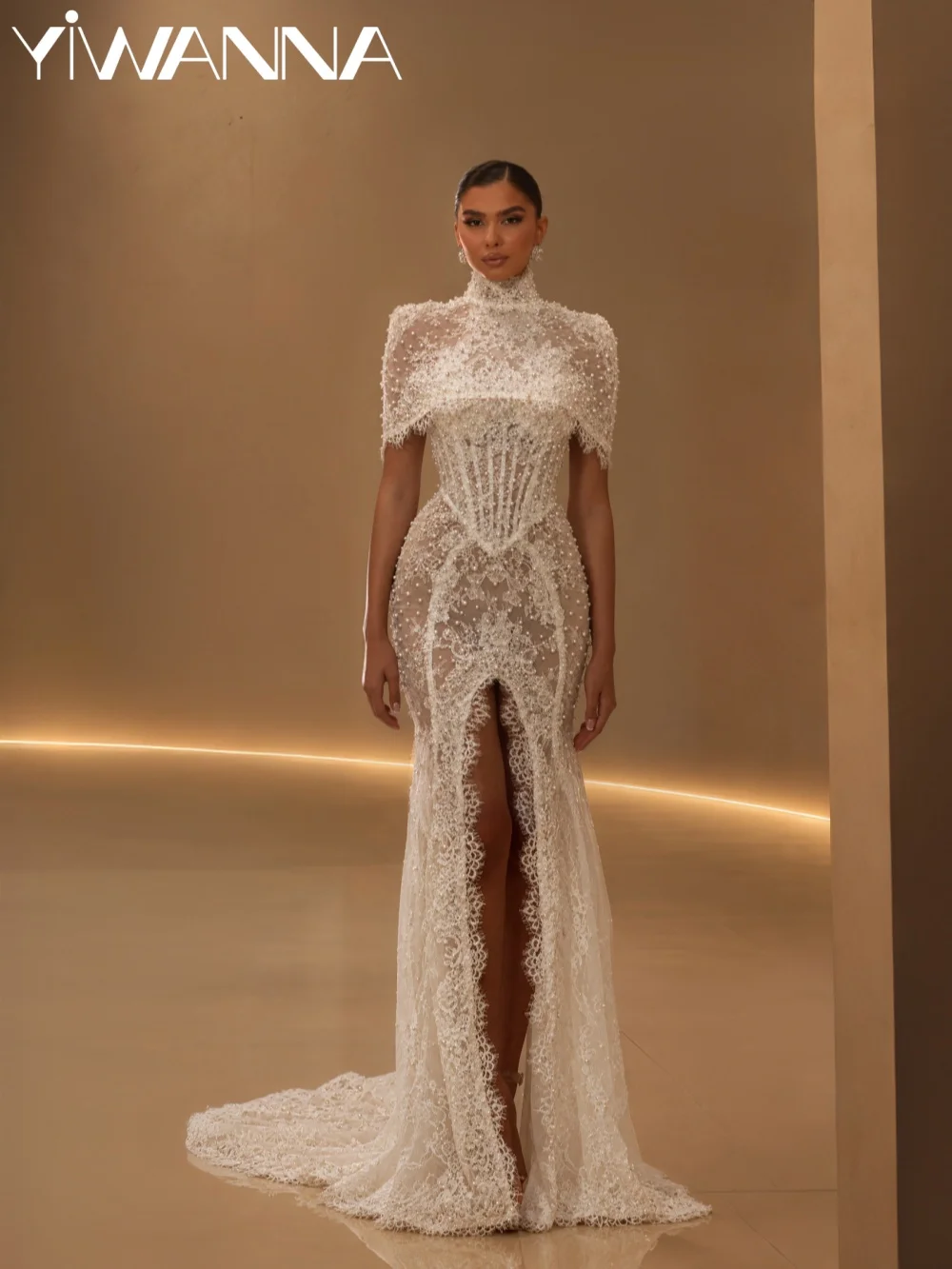 Sparkling Pearls Lace Wedding Dress With Slit Dreamy High Collar Bridal Gown Customized Luxury Mermaid Long Dresses For Bride