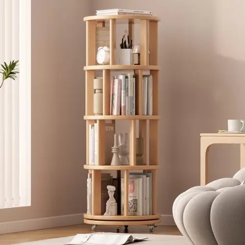 Solid Wood Rotating Bookshelf with Brake Wheels, 360°Display 4 Tier Floor Stackable Spinning Bookshelf Tower for Kids&Adults, Re