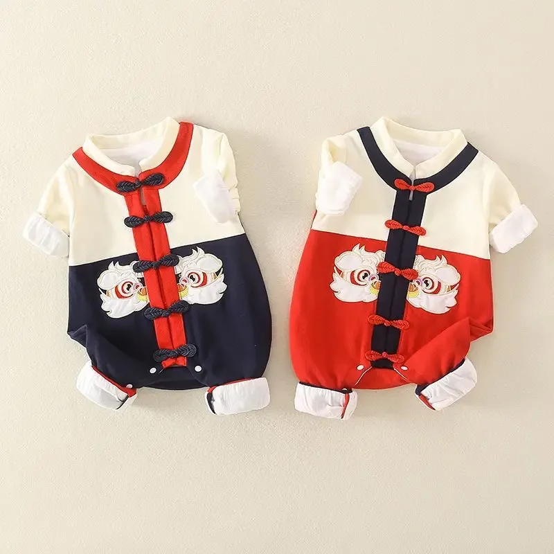 2024 Spring Autumn Cartoon Double Layer Cotton Newborn Baby Jumpsuit Chinese Style Buckle Outing Romper Boy Girl Birthday Gifts