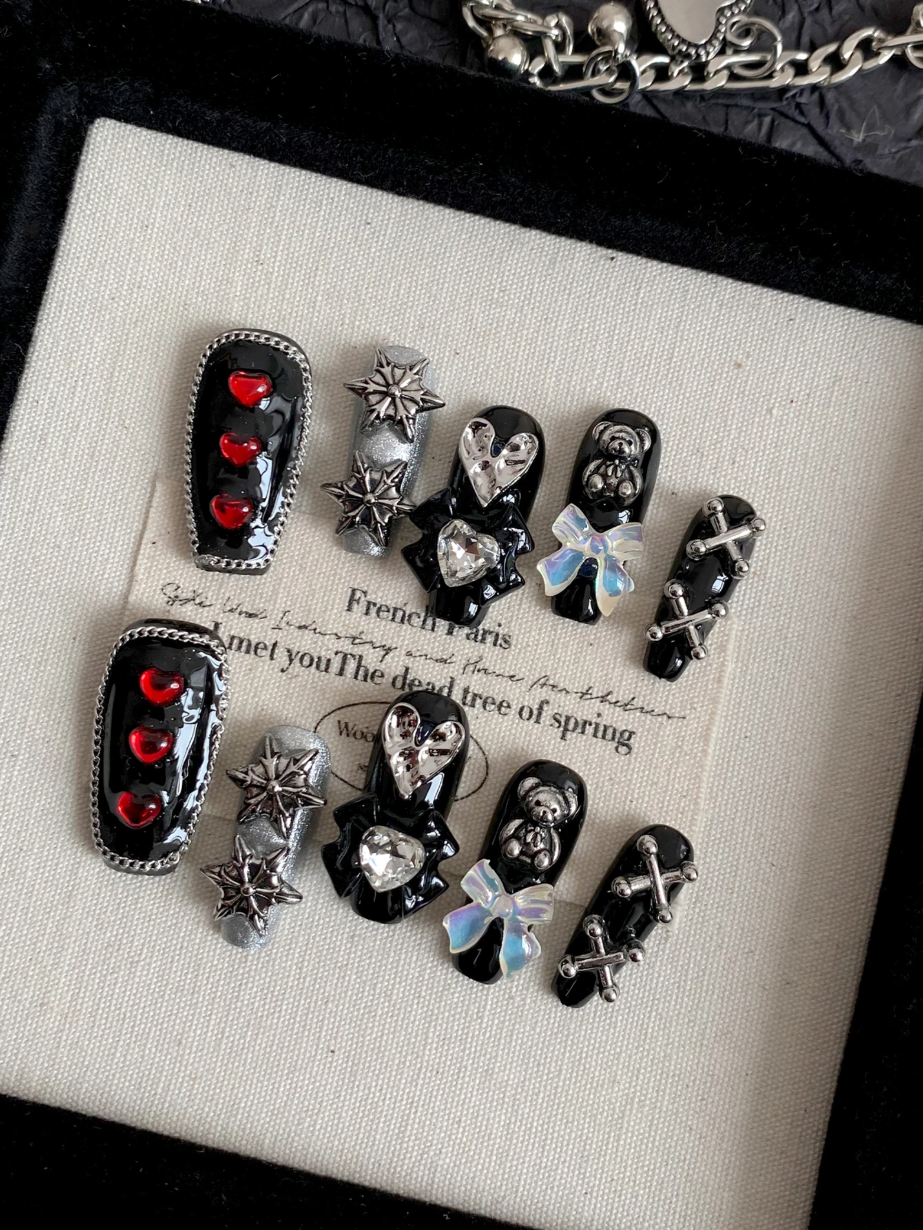 Dark Gothic Handcrafted Press‑On Nails, Black & Metallic Silver Tone, 3D Red Heart Gems, Metal Bear, Star Ornaments & AB Bow