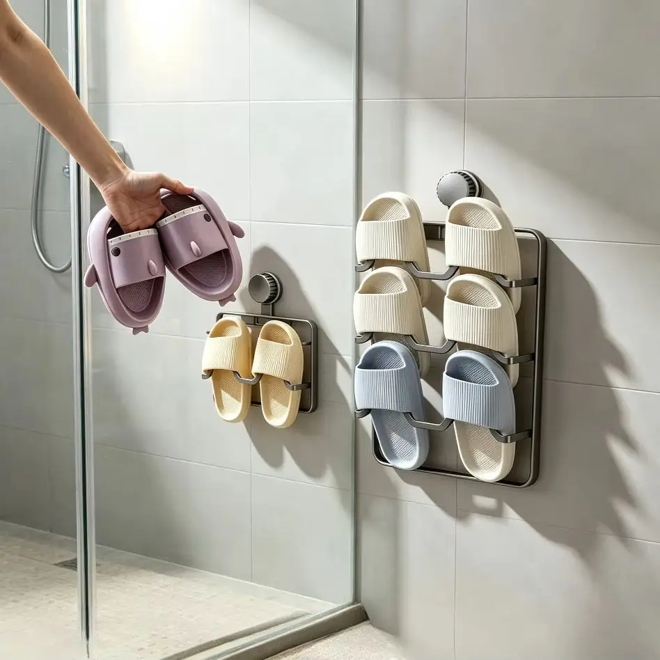 Carbon Steel Wall‑Mount Suction Cup Slipper Holder Multi‑Tier Punch‑Free Space Saving Bathroom Shoe Rack