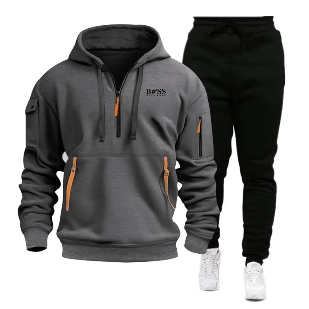 Autumn and winter fashion solid color zipper hoodie with black pants and stand collar design suitable for sports and casual