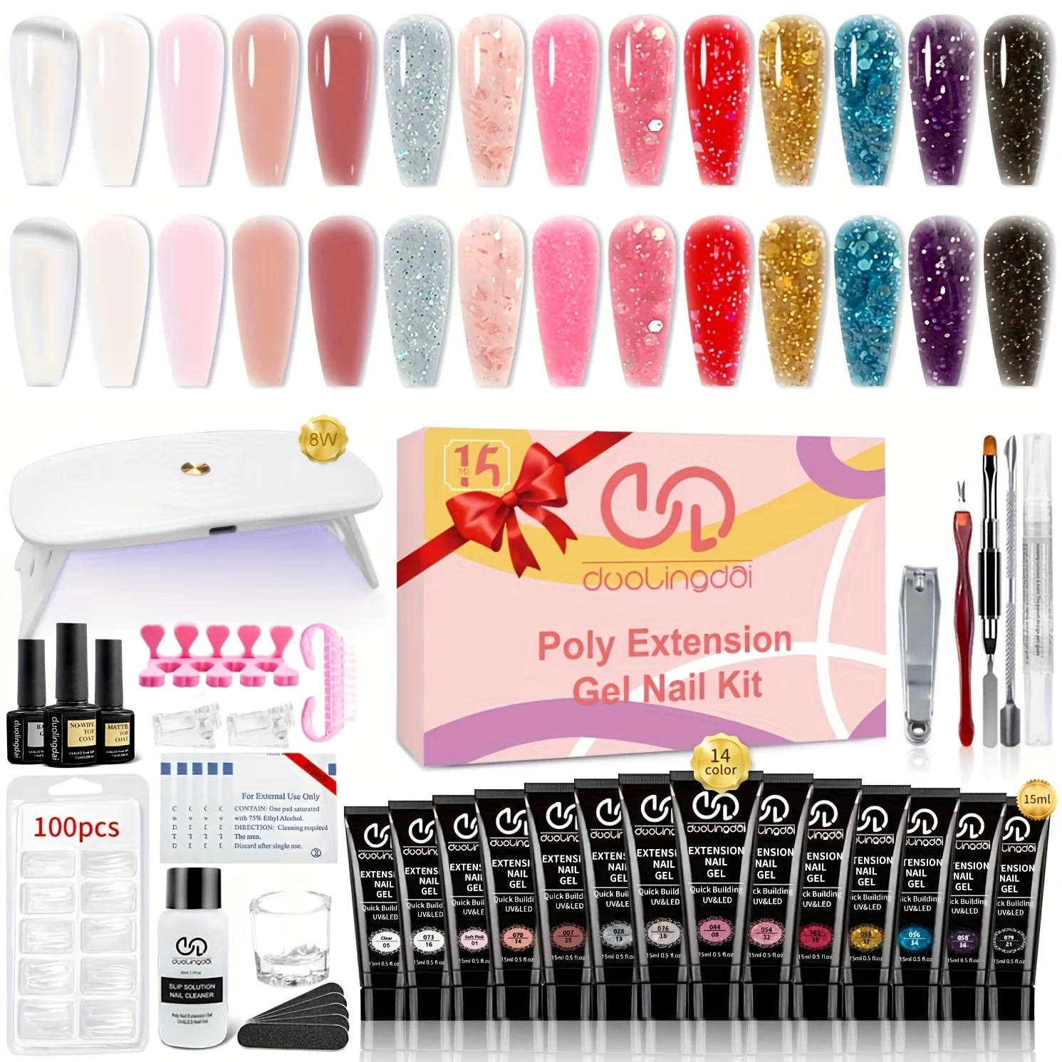 

Poly Nail Gel Kit 14 Colors Clear Nude Pink Iridescent Glitter Extension Gel Builder Gel Starter Kit Base Top Coat Set Slip