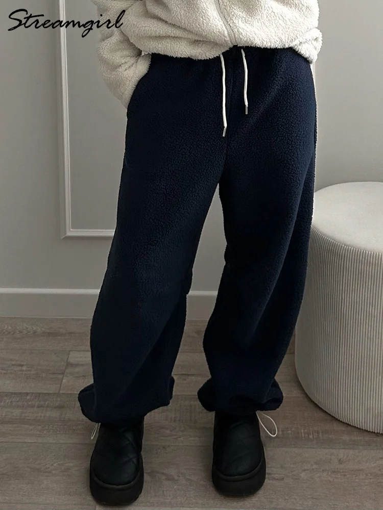 

Streamgirl Thick Winters Fleece Lined Pants Women Baggy Double Sided Velvet Sweatpants Women Spring Warm Trousers Wide Leg Pants