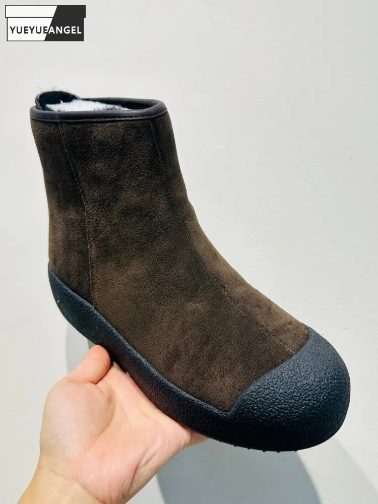 Handmade Men Winter Snow Boots Lady Real Cow Suede Leather Thick Platform Comfortable Round Toe High Top Warm Wool Lining Shoes