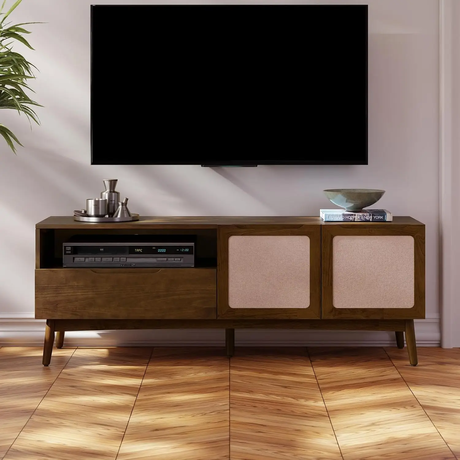 Mid-Century Modern TV Stand Media Console with Open Shelf Fabric Panel Doors Tapered Legs 1 Drawer 2 Door Chestnut, Customized