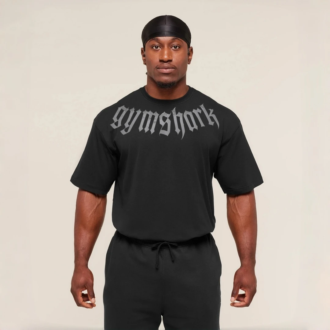 GYMSHARK FADE series T-shirt, pure cotton top, collar letter short sleeved, GYMSHARK weightlifting fitness T-shirt