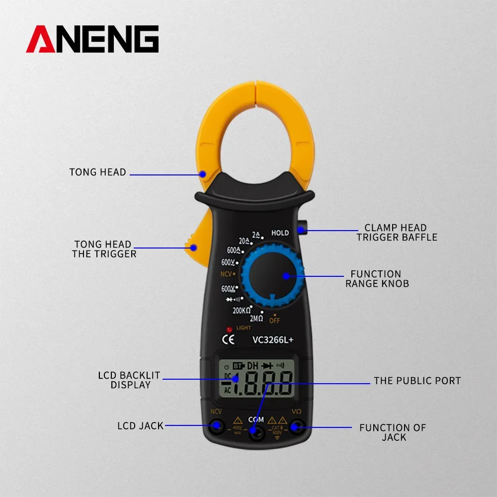 ANENG VC3266L+ 1999 Counts Professional Digital Clamp Meter AC/DC Voltage True RMS Multimeter Temp phm Electrical Current Tester