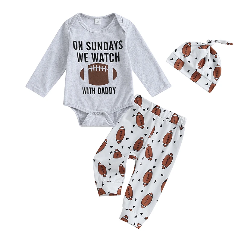 

Infant Baby Boys Clothes Newborn Autumn Long Sleeve Letters Romper with Rugby Print Pants and Hat Toddler Clothing Outfit Sets