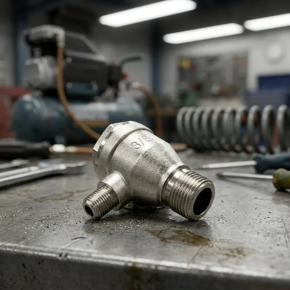 Aluminum Alloy 3-Port Check Valve Fitting with Male Threads for Air Compressor Tube Connection and Tank Linkage