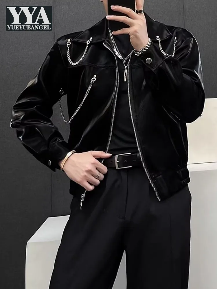 

Spring Punk Mens Pu Leather Motorcycle Jacket Chain Lapel Zipper Design Fashion Long Sleeve Patent Leather Hip Hop Short Coat