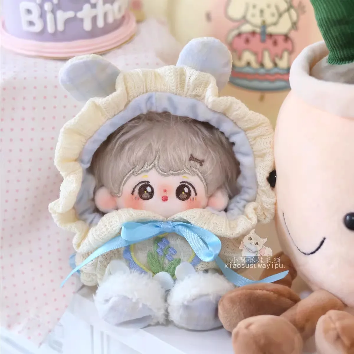 Original Animal Rabbit Ear Knit Pajamas Party Suit For 10cm Doll Toy Pink Blue Clothes Costume Cosplay Gift Cute Lovely