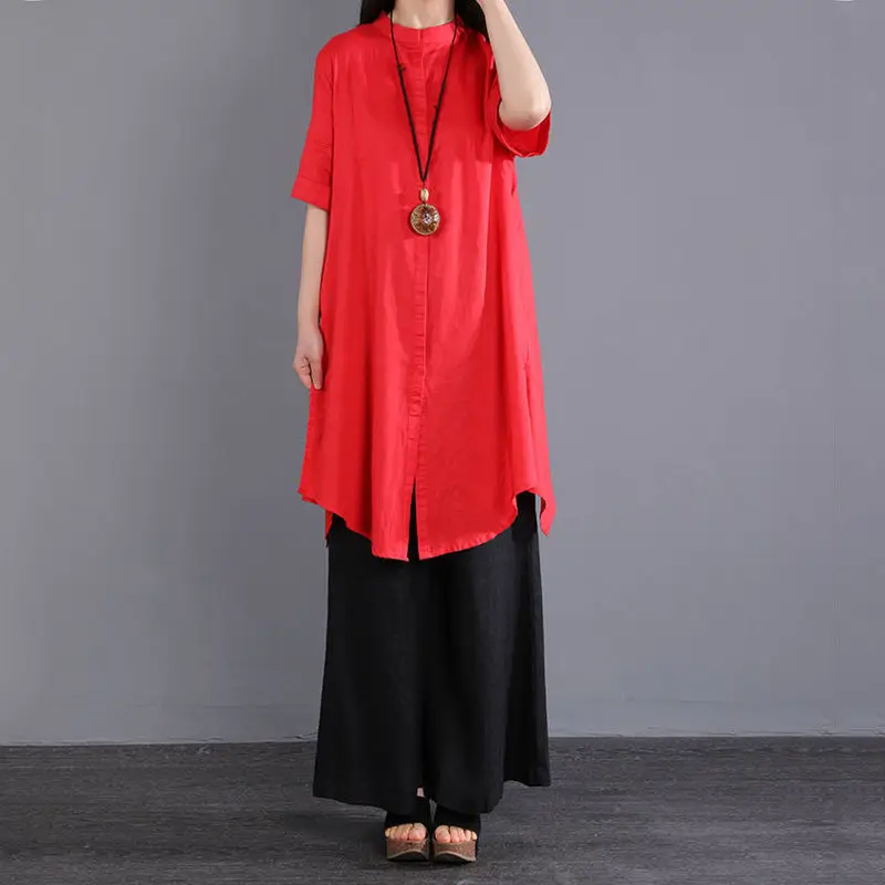 Vintage Asymmetrical Loose Short Sleeve Blouse Summer Button Solid Simplicity Irregular Shirt Tops Casual Fashion Women Clothes