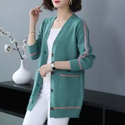 Cores contrastantes femininas Cardigan de malha, suéteres de botão, casaco manga comprida, roupa que combina com tudo, bolsos, moda coreana, outono