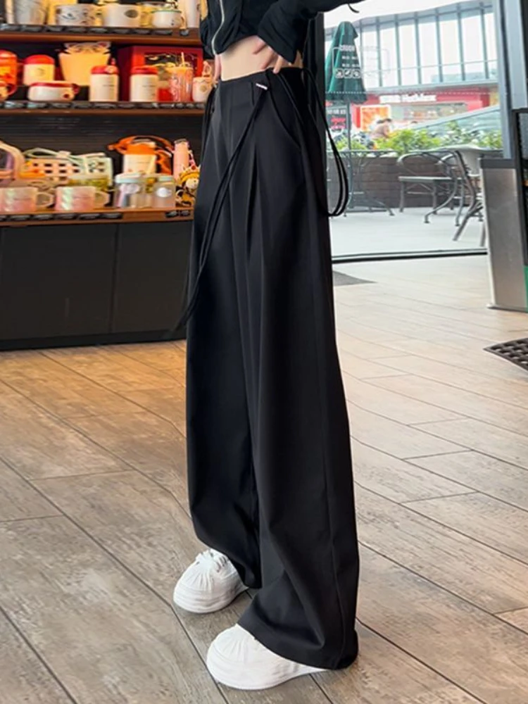 Elastic Waist Wide Leg Pants Women Leisure Loose Solid Simple Lace-up Design Streetwear Students All-match Basic Autumn Trousers