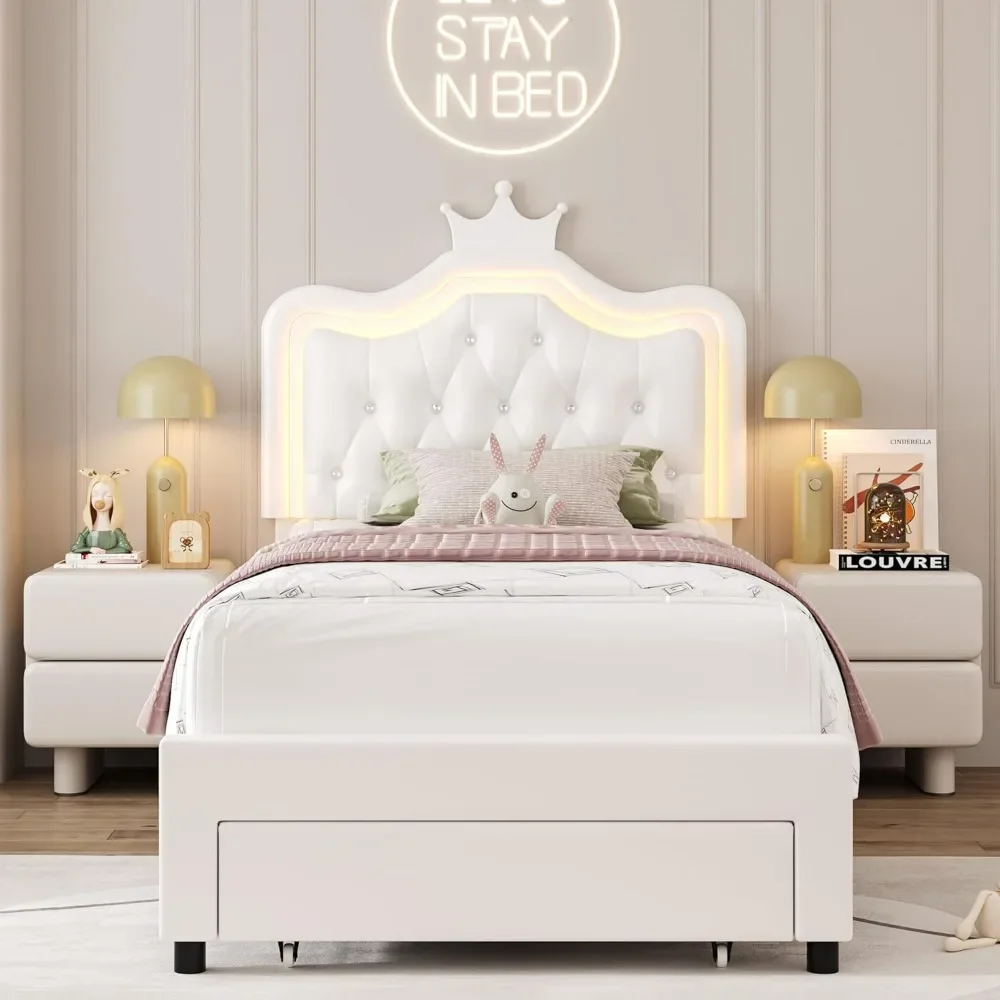 Double bed frame with storage drawer, leather adjustable crystal button crown headboard, solid wood Flat noodles support, white