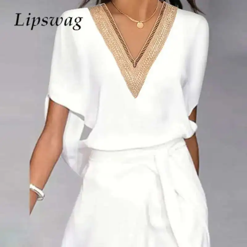 สุภาพสตรีแฟชั่นสีขาวเอวลูกไม้ขึ้นสบายๆหลวมแยก Midi ฤดูร้อน V คอ Splicing แขนสั้นผู้หญิงชุด