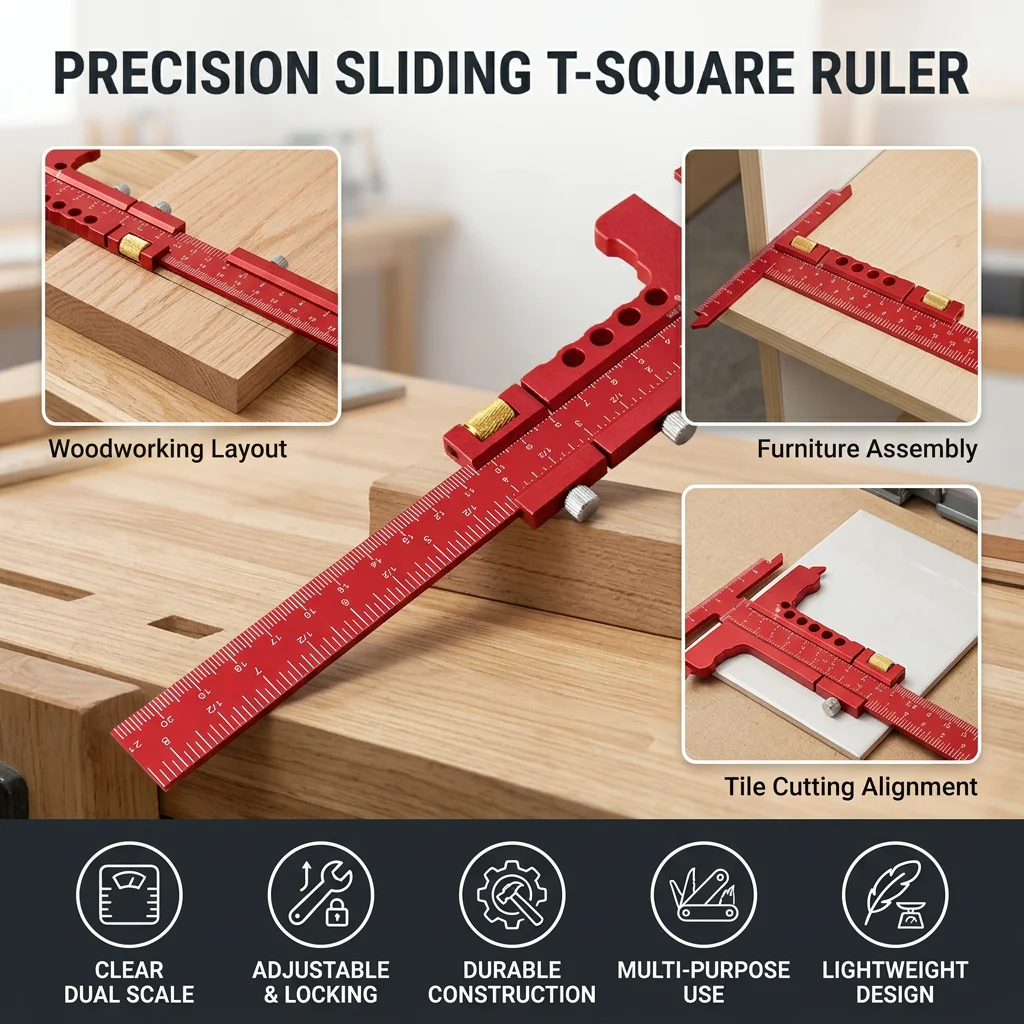 Professional T Square Ruler Precision Marking Tool for Woodworking Carpentry Layout Adjustable Aluminum Alloy DIY Furniture