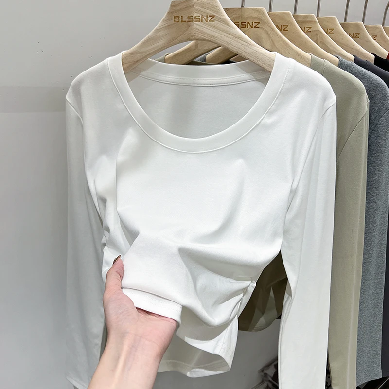 한국 스타일 심플 베이스 레이어 탑 2025 슬림핏 긴팔 O넥 여성 티셔츠 가을 사이드 플리츠 솔리드 다용도 티셔츠