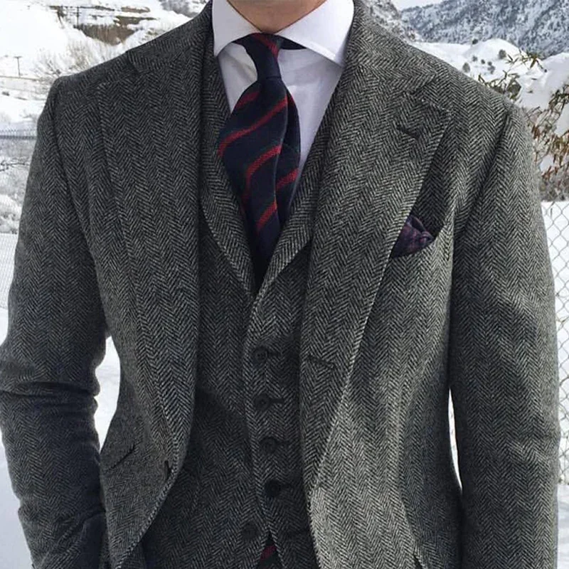 Gray Wool Tweed Winter Men Suit's For Wedding Formal Groom Tuxedo Herringbone Male Fashion 3 Piece (Jacket +Vest +Pants+Tie)