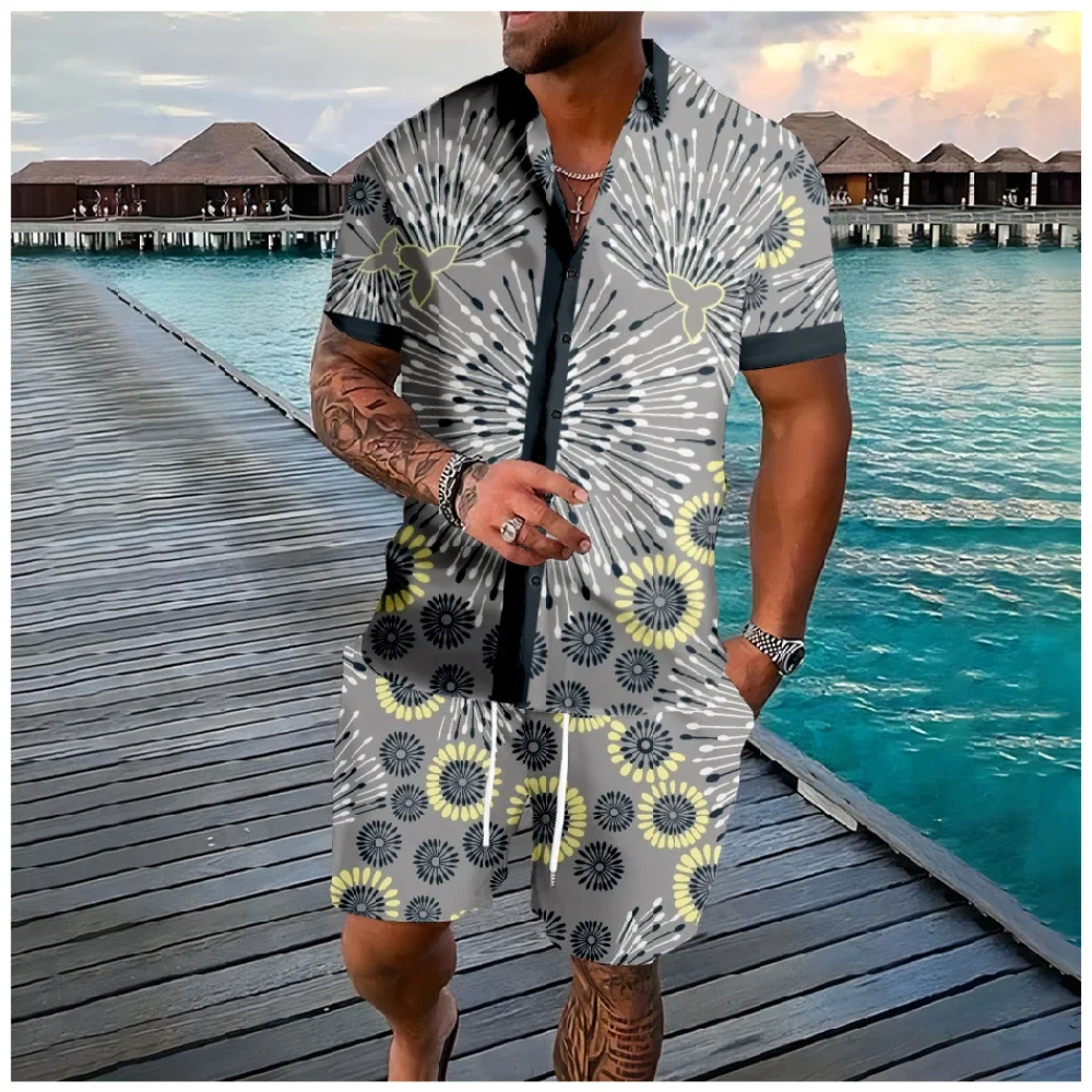 Hawaii set bunga kancing kemeja celana pendek musim panas bunga campuran warna pantai Hipster Streetwear pakaian olahraga pakaian pria