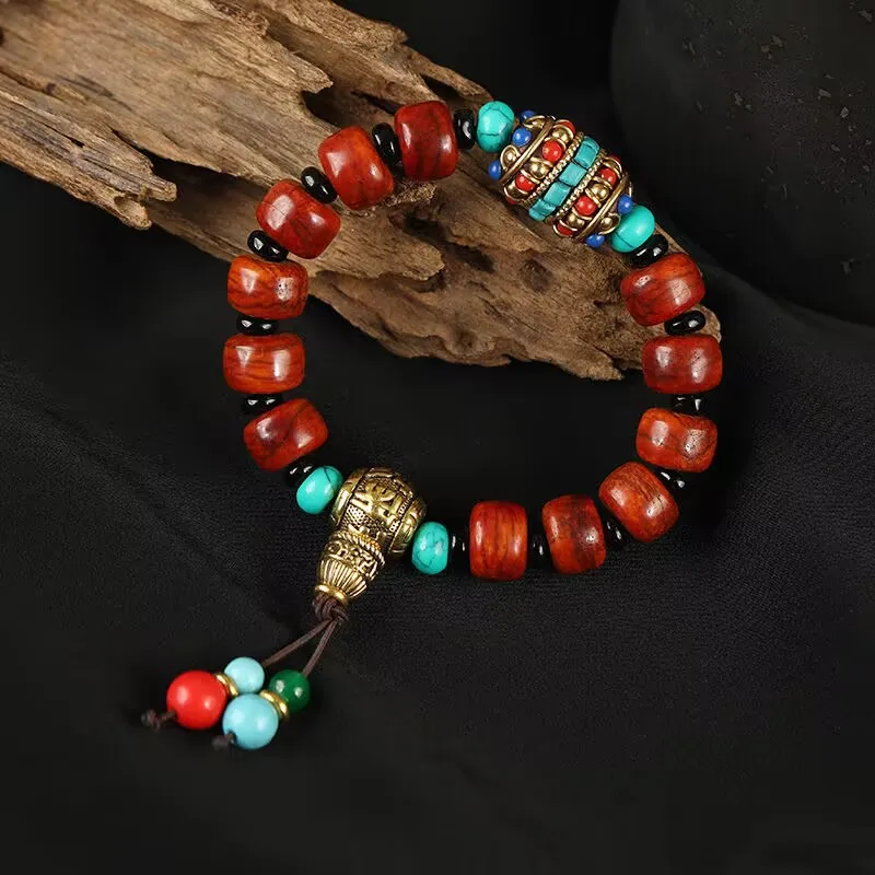 

Tianzhu Old Agate Bracelet Men Carved with Hexagonal Pattern and Six True Words Handmade Jewelry
