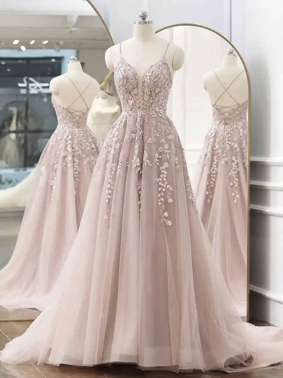 Pink Tulle Evening Dresses 2024 Long A Line Sweetheart Spaghetti Strap Lace Applique Beaded Formal Party Gowns