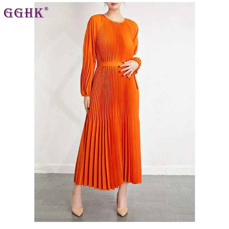 

GGHK Miyake Pleated Dress Women Round Collar Full Flare Sleeve A Line Loose Belt Solid Color New Spring 2024 Fashion Clothing