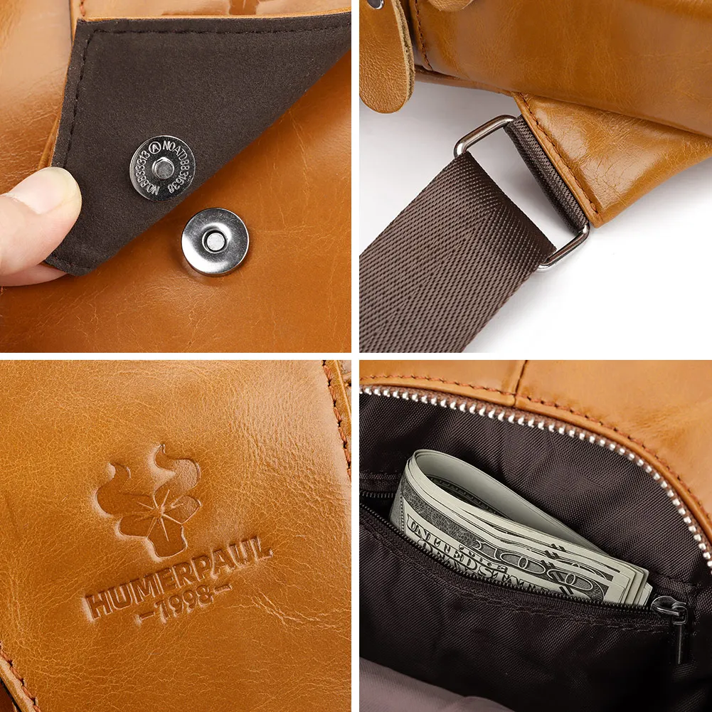 HUMERPAUL Genuine Leather Men's Chest Sling Bag Vintage Style Multi Pocket Messenger with Phone Bag Casual Shoulder Backpack