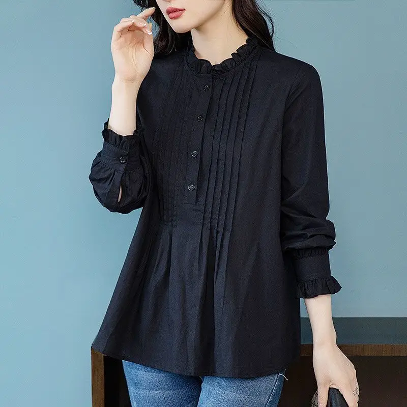 Women Korean Fashion Ruffled Elegant Blouse Spring Autumn Vintage Long Sleeve Shirts Casual Black Tunic Tops Loose Blusas Mujer