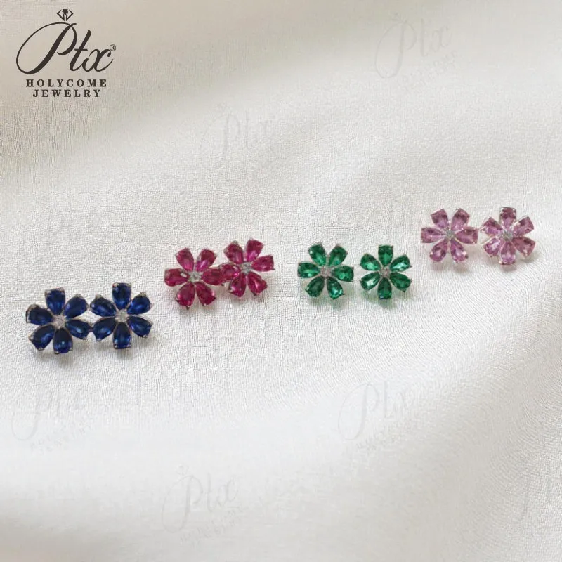 

Customized Earrings With Pear Ruby Sapphire Colombia Padparadscha S925 Six Petals Flower Romantic Design For Women Girls Gift