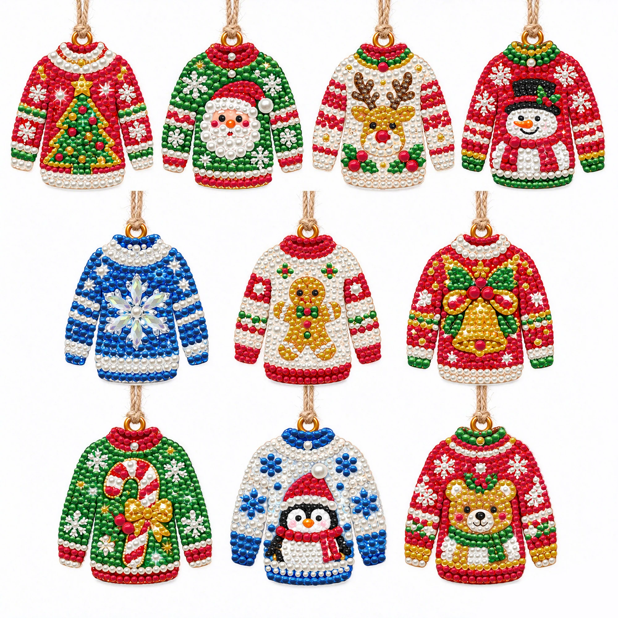 10Pcs Diamond Painting Christmas Ornaments with Multiple Themes DIY Pendant Toys Christmas Sweaters Christmas Tree Decoration