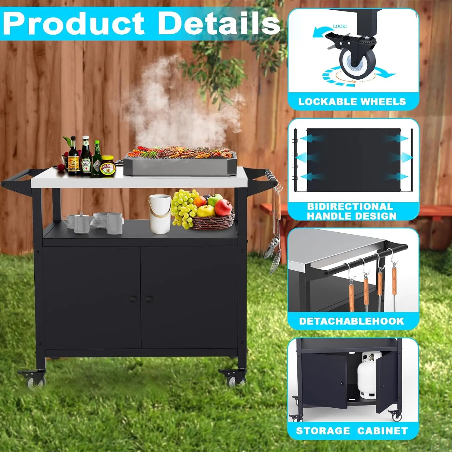Outdoor Grill Table Countertop Display Organizer Holder Storage Rack Frame Stainless Steel Movable BBQ Cart Prep Station Rolling Bar Serving Cart With Utensil Hooks Black view 3