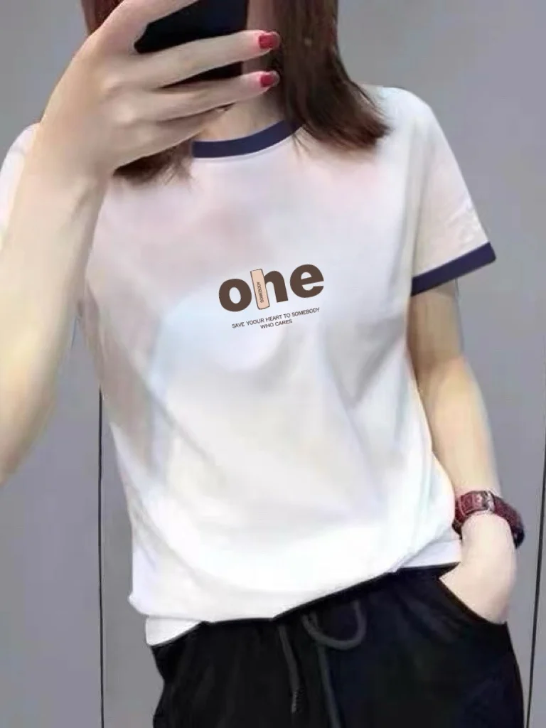 

High-End Color Block Neck Short Sleeve T-Shirt Women Loose Versatile Commuter Style Top for Middle-Aged And Elderly Mothers