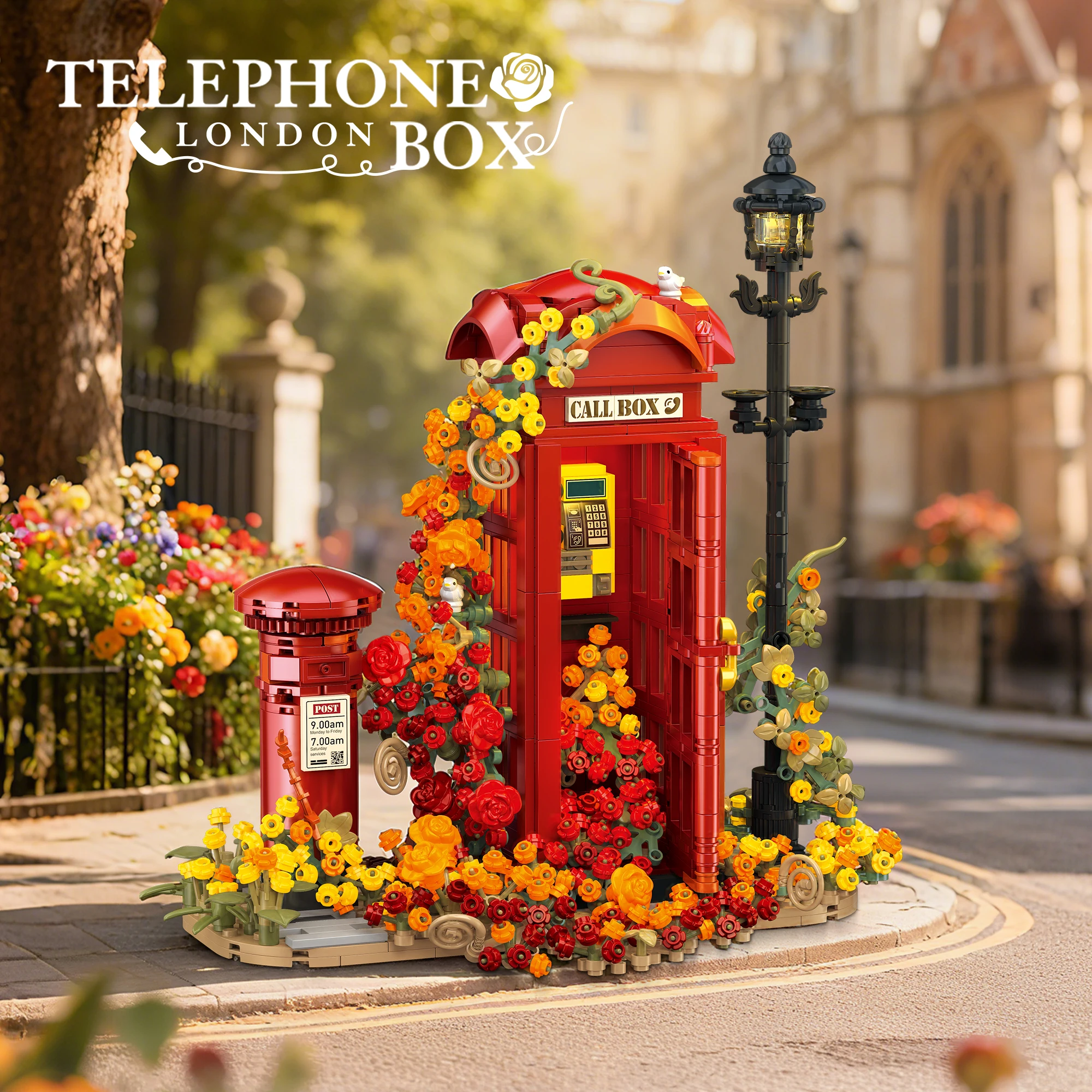 

1142Pcs Retro British Phone Booth Building Blocks Gift Set Floral Light Detail 3D Desktop Ornament European Model MOC All Age