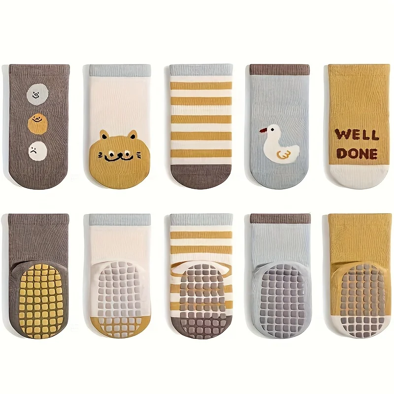 5 pairs of boys and girls' anti slip socks with cute cartoon animal patterns, comfortable and breathable baby floor socks