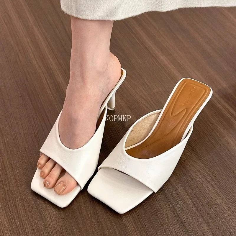 2024 New Fashion Summer Women Sandals Square Toe Ladies Heel Mules Sexy High Heels Sandal Slippers Female Designer Woman Shoes