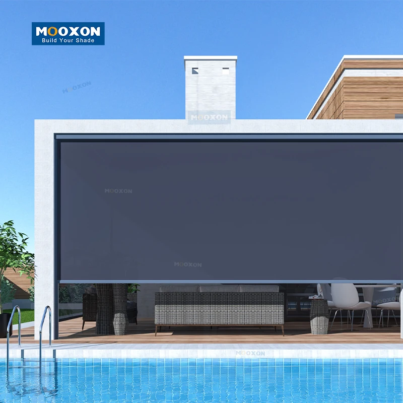

Уличные рулонные шторы Mooxon Oversize Design с электроприводом, водонепроницаемые, умные, автоматические, солнцезащитные, на молнии, для патио и перголы