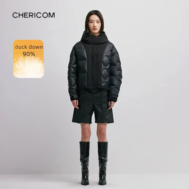 

Chericom Short Hooded Down Jacket 90 Duck Down Glossy Oversized Silhouette Quilted Construction Thickened Outerwear Y298099Y